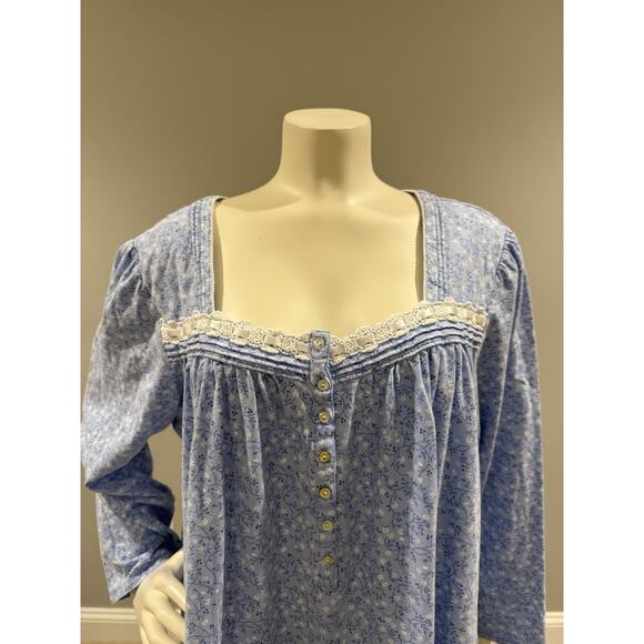 EILEEN WEST Blue Vines 100% COTTON KNIT Long Sleeve Short Nightgown Sz Large - Picture 4 of 8